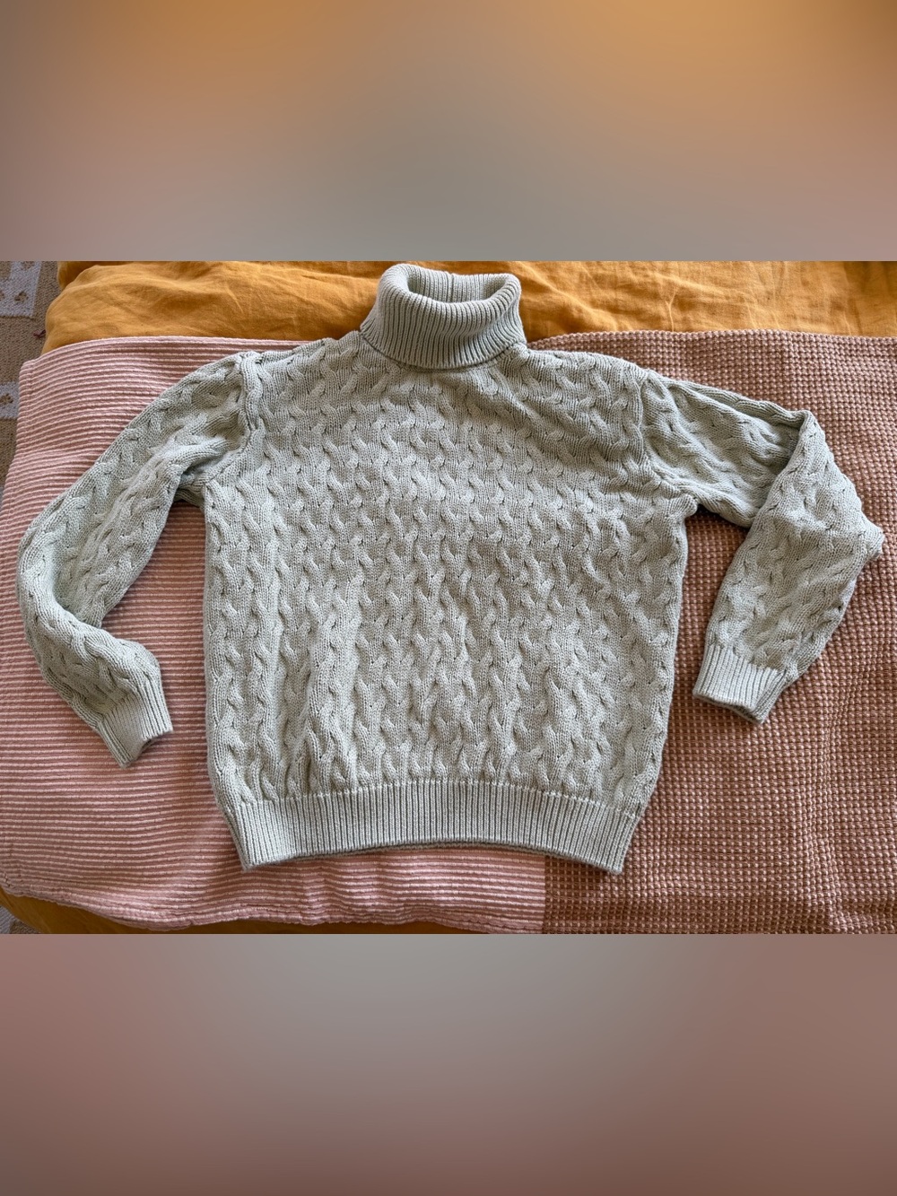 JEANNE PIERRE Light Sage Green Cable-Knit Turtleneck Sweater
